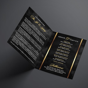 17" x 11" Tabloid size (8.5" x 11" Folded) Bi-Fold Booklet, Elegant Black & Gold Funeral Program (8 pages) In Loving Memory Obituary Program | Memorial Program | Celebration of Life | Canva Template
