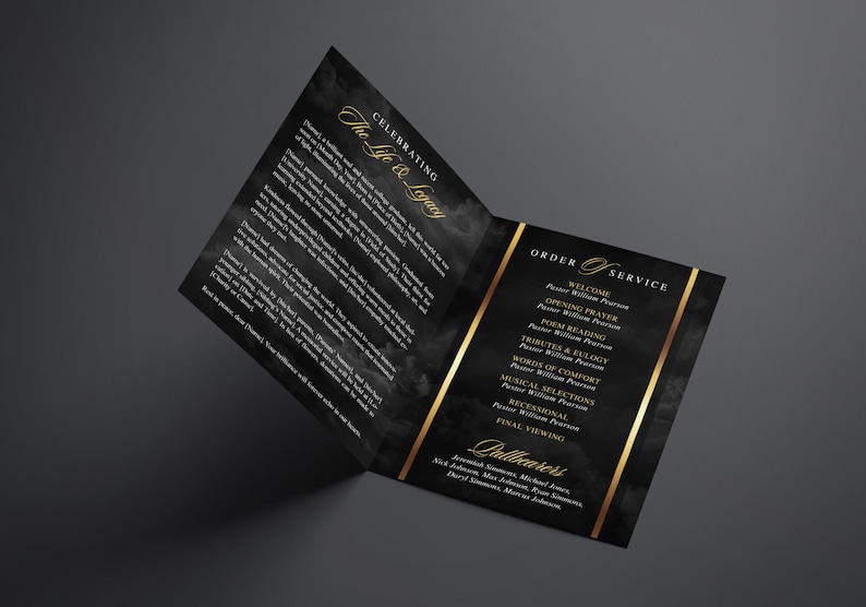 17" x 11" Tabloid size (8.5" x 11" Folded) Bi-Fold Booklet, Elegant Black & Gold Funeral Program (8 pages) In Loving Memory Obituary Program | Memorial Program | Celebration of Life | Canva Template