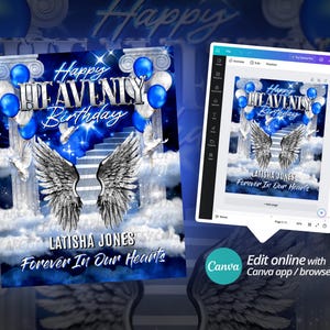 Happy Heavenly Birthday PNG, Silver & Blue Cloudy Sky, Stairway to Heaven Memorial Background for Funeral, Memorial & Remembrance. Canva Memorial T-Shirt Template