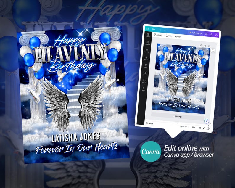 Happy Heavenly Birthday PNG, Silver & Blue Cloudy Sky, Stairway to Heaven Memorial Background for Funeral, Memorial & Remembrance. Canva Memorial T-Shirt Template