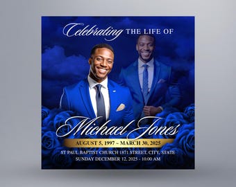 Invitación para anuncio de funeral de Blue Roses / Volante conmemorativo digital, obituario, en memoria amorosa, celebración de la vida / Plantilla de Canva