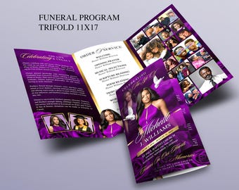 May include: A trifold funeral program in purple and gold. The program is open, displaying text and photos. The cover features a photo of a woman and the text "Michelle J. Williams". The program is 11x17 inches.