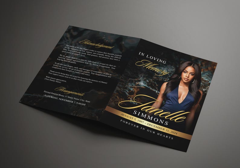 8.5"x 11" Elegant Black & Gold Funeral Program (8 pages) In Loving Memory Obituary Program | Memorial Program | Celebration of Life | Canva Template