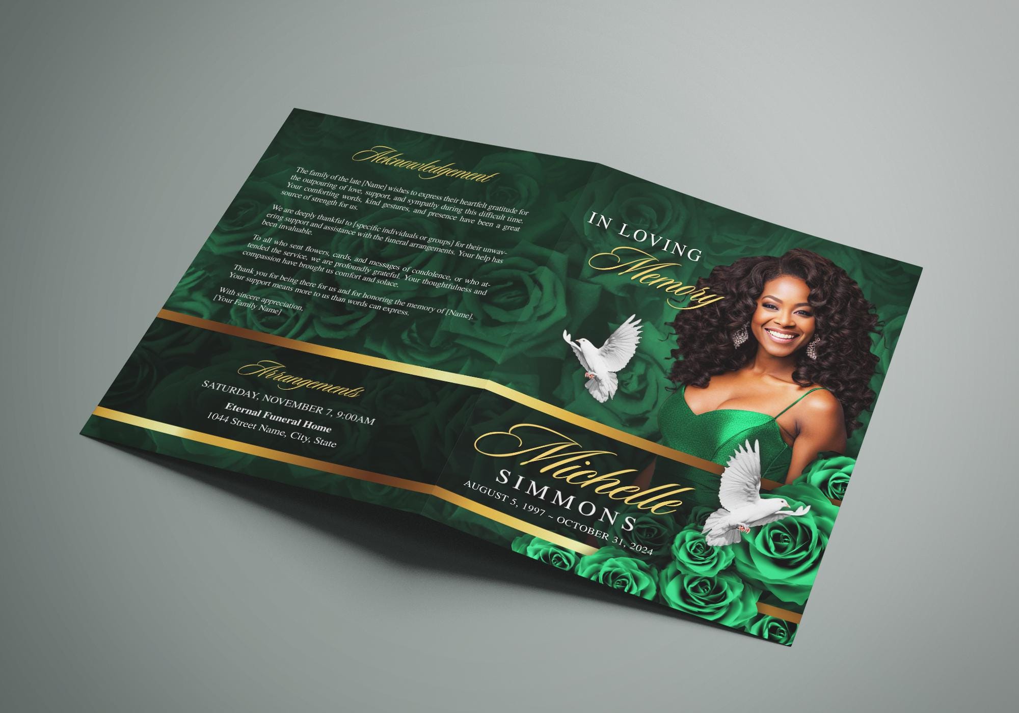 Green Roses Funeral Program (8 Pages) Celebration of Life Obituary ...