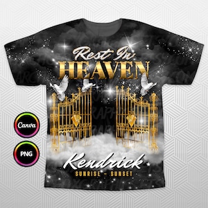 Rest In Heaven 3D All Over T-Shirt design, Black Gold Heaven&#39;s Gate Memorial Background PNG for Funeral & Remembrance. Editable in Canva