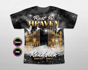 Diseño de camiseta 3D Rest In Heaven, fondo conmemorativo de Black Gold Heaven's Gate PNG para funeral y recuerdo. Editable en Canva