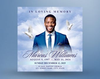 Anuncio e invitación para funerales Blue Sky / Volante conmemorativo digital, obituario, en memoria de un ser querido, celebración de la vida / Plantilla de Canva