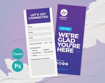 May include: A purple and white welcome card for a Baptist church. The card has the text "Let's Get Connected" and a form to fill out with your name, phone number, email, and information about your interests. The other side of the card has the text "We're Glad You're Here" and the church's logo and website.