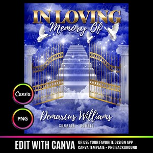 In Loving Memory PNG, Blue Sky Heavens Gate Memorial Background for Funeral, Memorial & Remembrance. Canva Memorial T-Shirt Sublimation