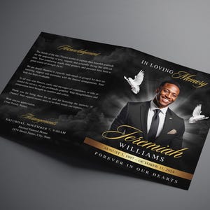 17" x 11" Tabloid size (8.5" x 11" Folded) Bi-Fold Booklet, Elegant Black & Gold Funeral Program (8 pages) In Loving Memory Obituary Program | Memorial Program | Celebration of Life | Canva Template