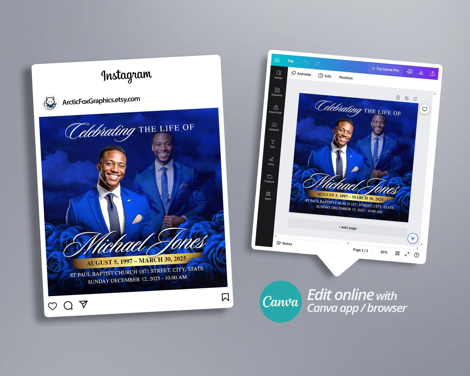 Blue Roses Funeral Announcement Invitation | Digital Memorial Flyer ...