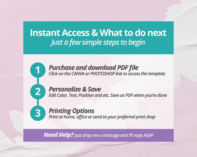 May include: A graphic with three numbered steps for purchasing and personalizing a digital PDF file. Step 1: Purchase and download PDF file. Step 2: Personalize & Save. Step 3: Printing Options. The graphic includes the text "Instant Access & What to do next" and "Just a few simple steps to begin".