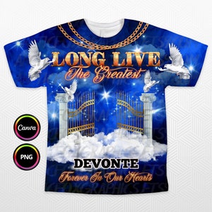 May include: A blue t-shirt with a white cloud and golden gate design. The shirt has the text "Long Live The Greatest" and "Devonte Forever In Our Hearts".