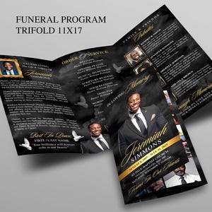 Black & Gold Sky Trifold Funeral Program | Celebration of Life Obituary Program | Memorial Program | In Loving Memory | Canva Template