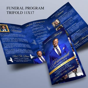 May include: A blue trifold funeral program, 11x17 inches, with a portrait of Jeremiah Simmons. The program includes the order of service, tributes, and a section for family and friends. The design features doves and gold accents.