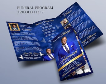 Elegant Blue & Gold Trifold Funeral Program | Celebration of Life Obituary Program | Memorial Program | In Loving Memory | Canva Template