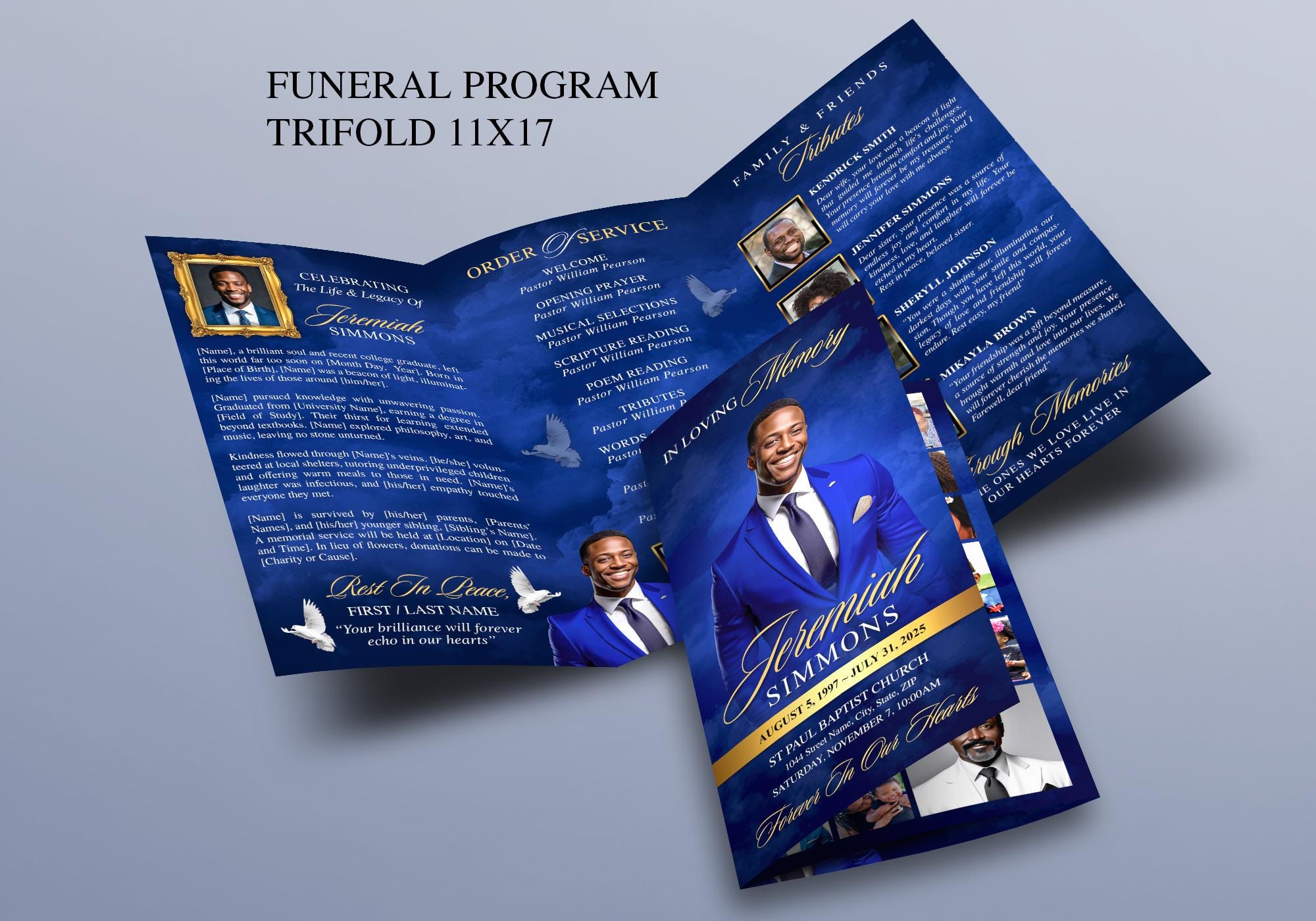 Elegant Blue & Gold Trifold Funeral Program | Celebration of Life ...