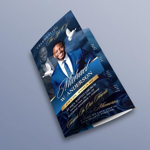 Elegant Blue & Gold Trifold Funeral Program | Celebration of Life ...