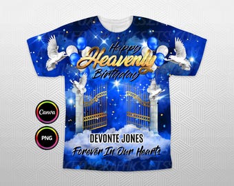 Diseño de camiseta 3D de feliz cumpleaños celestial, fondo conmemorativo de la Puerta del Cielo, cielo azul real dorado PNG para funeral y recuerdo