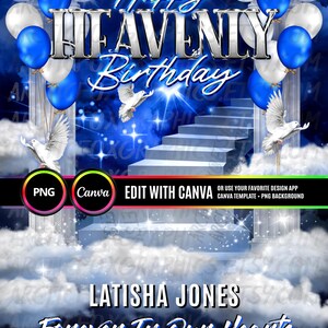 Happy Heavenly Birthday PNG, Silver & Blue Cloudy Sky, Stairway to Heaven Memorial Background for Funeral, Memorial & Remembrance. Canva Memorial T-Shirt Template