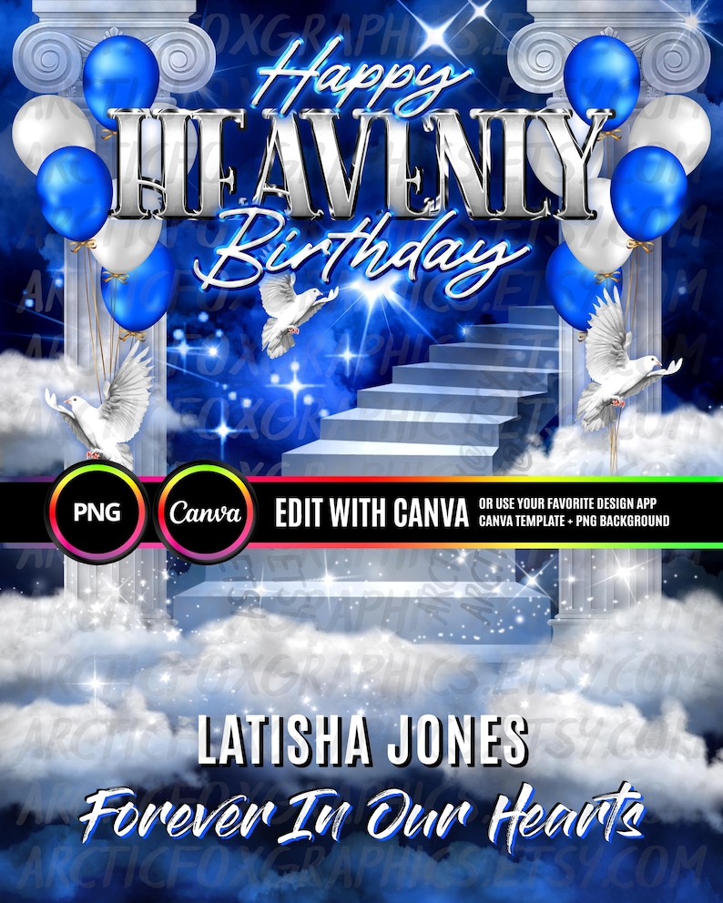 Happy Heavenly Birthday PNG, Silver & Blue Cloudy Sky, Stairway to Heaven Memorial Background for Funeral, Memorial & Remembrance. Canva Memorial T-Shirt Template
