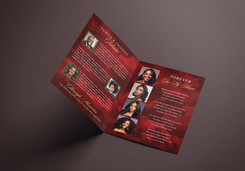 Maroon Red Cloudy Sky Funeral Program (8 pages) In Loving Memory Obituary Program | Memorial Program | Celebration of Life | Canva Template | 17" x 11" Tabloid size (8.5" x 11" Folded) Bi-Fold Booklet