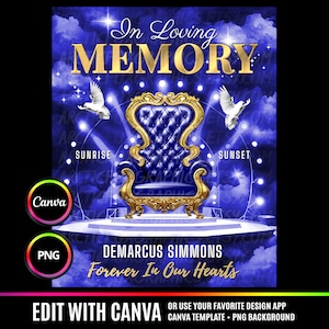 In Loving Memory PNG, Blue Heavens Royal Chair Memorial Background for Funeral, Memorial & Remembrance. Canva Memorial T-Shirt Sublimation