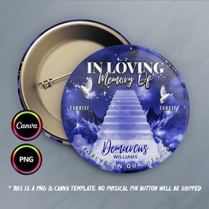 In Loving Memory Pin Button Canva Template, Memorial Button Pin Background PNG, Funeral Button, Blue Sky Stairway To Heaven Memorial PNG