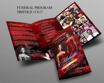 Elegant Red & Gold Trifold Funeral Program | Celebration of Life Obituary Program | Memorial Program | In Loving Memory | Canva Template