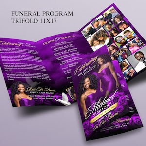 May include: A trifold funeral program with a purple and white design. The cover features a photo of two women in purple dresses, with text that reads "Michael Simmons Forever." Inside, the program includes photos and the order of service.