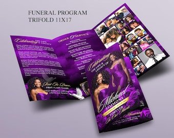 Elegant Purple & Gold Trifold Funeral Program | Celebration of Life Obituary Program | Memorial Program | In Loving Memory | Canva Template