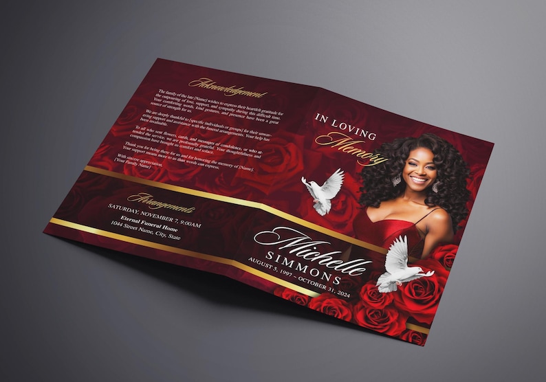 8.5"x 11" Elegant Red Roses Funeral Program (8 pages) Celebration of Life Obituary Program | Memorial Program | In Loving Memory | Canva Template