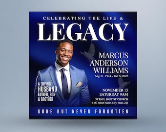 Anuncio e invitación para funerales azules / Volante conmemorativo digital, obituario, en memoria de un ser querido, celebración de la vida / Plantilla de Canva