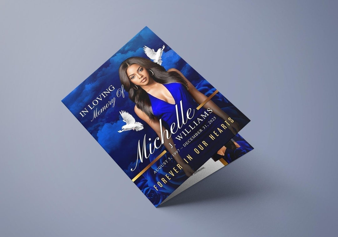 Elegant Blue Funeral Program (8 Pages) Celebration of Life Obituary ...