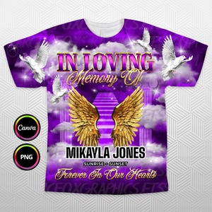 In Loving Memory 3D All Over T-Shirt design, Gold Purple Sky Heaven Memorial Background PNG for Funeral & Remembrance. Editable in Canva