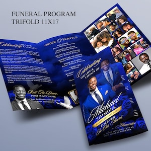 Puede incluir: Un programa fúnebre azul de tres pliegues, de 28 x 43 cm, con el texto "Programa Fúnebre" en la parte superior. El programa presenta fotos, detalles florales y las palabras "Celebrating the Life & Legacy of Michael Simmons Forever".