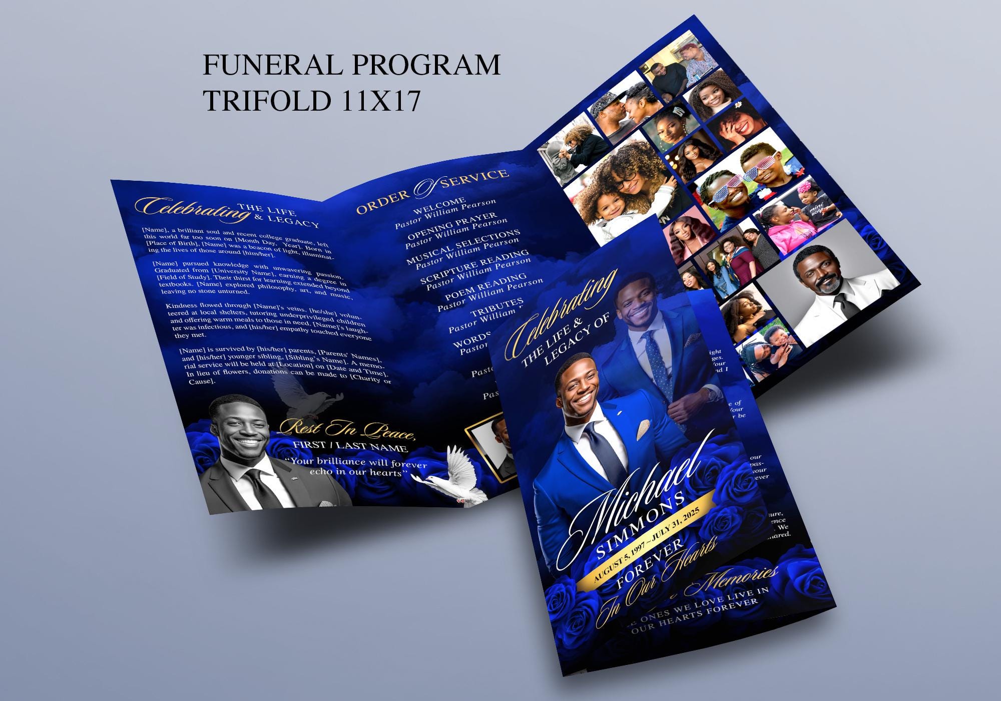 Programa Funerário Elegante em Azul e Dourado com Três Dobras | Programa de Obituário para Celebração da Vida | Programa Memorial | Em Memória Amorosa | Modelo Canva