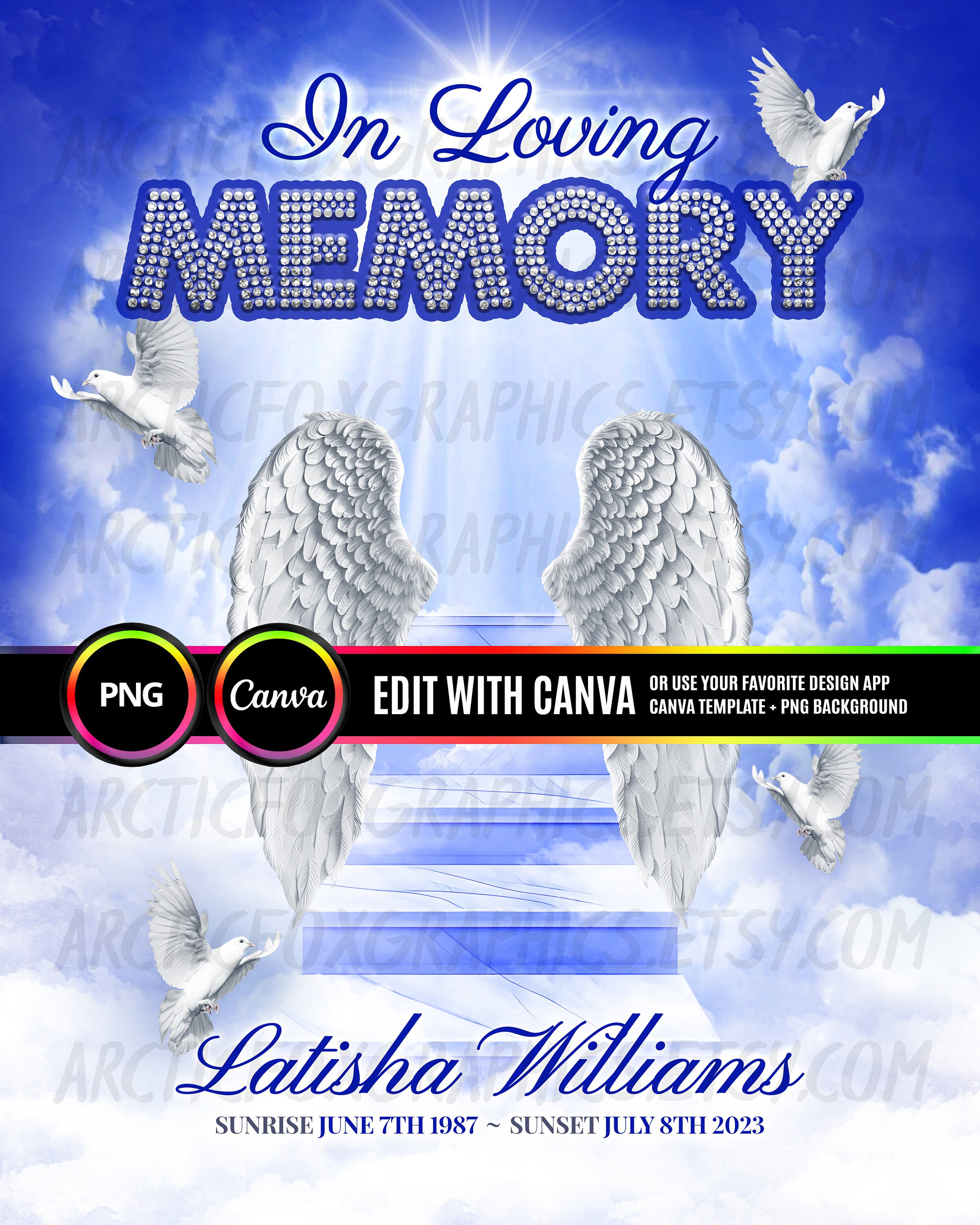 In loving memory png, blue sky stairway to heaven memorial background for  funeral, memorial u0026 remembrance. canva memorial sublimation design - etsy