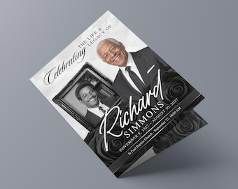 Black & White Funeral Program (8 pages) Elegant Black Rose Memorial Program | Celebration of Life Obituary Program | Canva Template