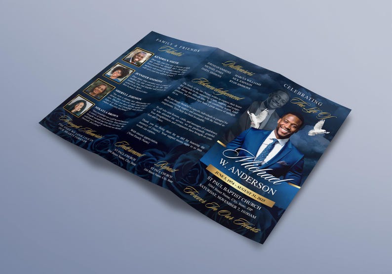 Elegant Blue & Gold Trifold Funeral Program | Celebration of Life ...