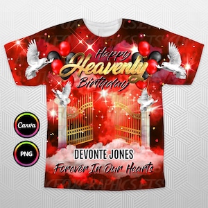Happy Heavenly Birthday 3D All Over T-Shirt design, Gold Red Sky Heaven&#39;s Gate Memorial Background PNG for Funeral & Remembrance