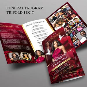 May include: A burgundy and gold trifold funeral program, featuring photos and text. The cover displays the name "Michelle J. Williams" and event details. The program is 27.9 x 43.2 cm.