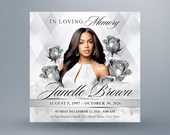 Silver Rose Funeral Announcement Invitation | Digital Memorial Flyer, Obituary, In Loving Memory, Celebration of Life | Canva Template