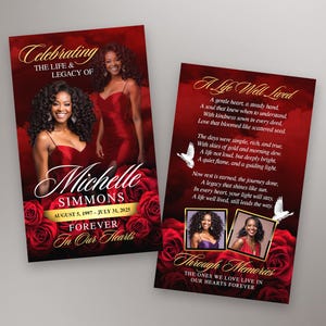 May include: A memorial card set with a deep red background, featuring a photo of a woman in a red dress. The card includes text that reads "Celebrating the Life & Legacy of Michelle Simmons" and "Forever In Our Hearts."