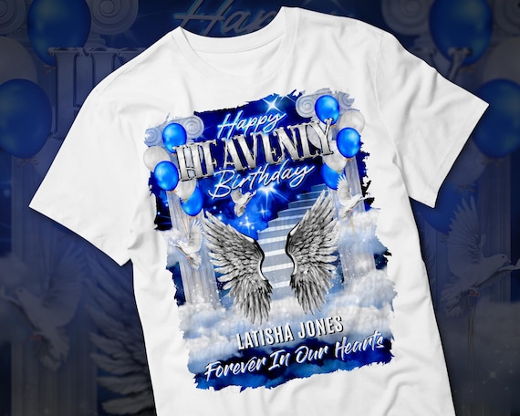 Happy Heavenly Birthday PNG, Silver Blue Sky Heaven Memorial Background for Funeral, Memorial & Remembrance. Canva Memorial T-Shirt Template