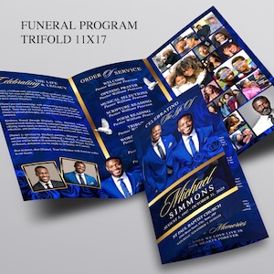Puede incluir: Un programa fúnebre tríptico con un diseño azul y dorado. El programa incluye fotos, texto y el nombre "Michael Simmons". El programa mide 28x43 cm y presenta un collage de fotos.