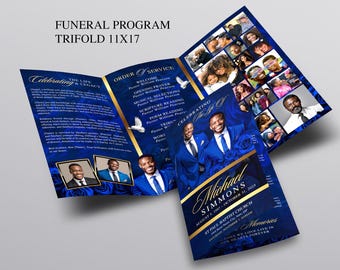 Gold & Blue Roses Trifold Funeral Program | Celebration of Life Obituary Program | Memorial Program | In Loving Memory | Canva Template