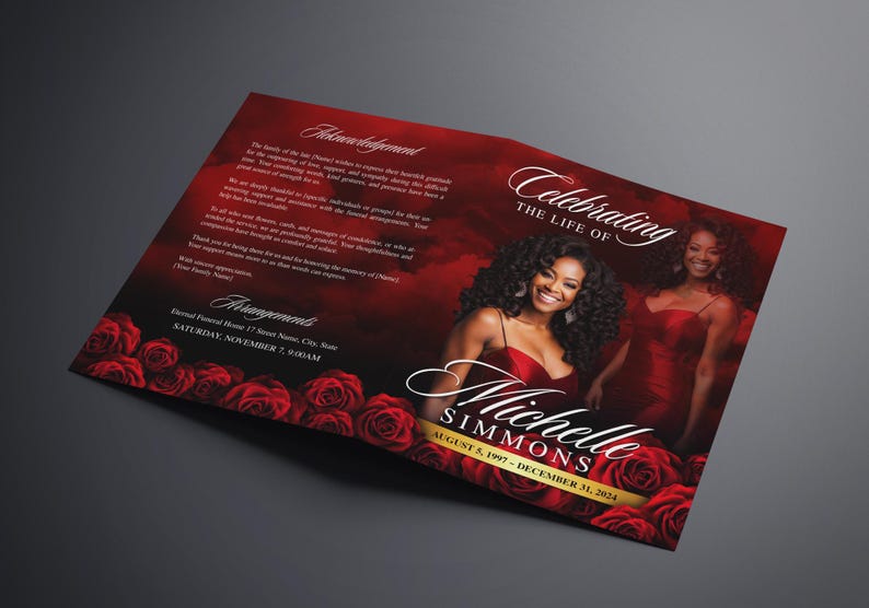 8.5x 11 Red Roses Funeral Program 8 Pages Celebration of Life Obituary