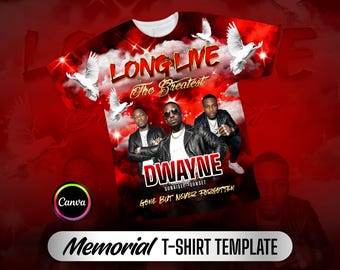 May include: A red and black memorial t-shirt featuring three images of a man in a leather jacket, white doves, and the text: LONG LIVE The Greatest, DWAYNE, SUNRISE-SUNSET, and GONE BUT NEVER FORGOTTEN, set against a cloudy, star-filled background.