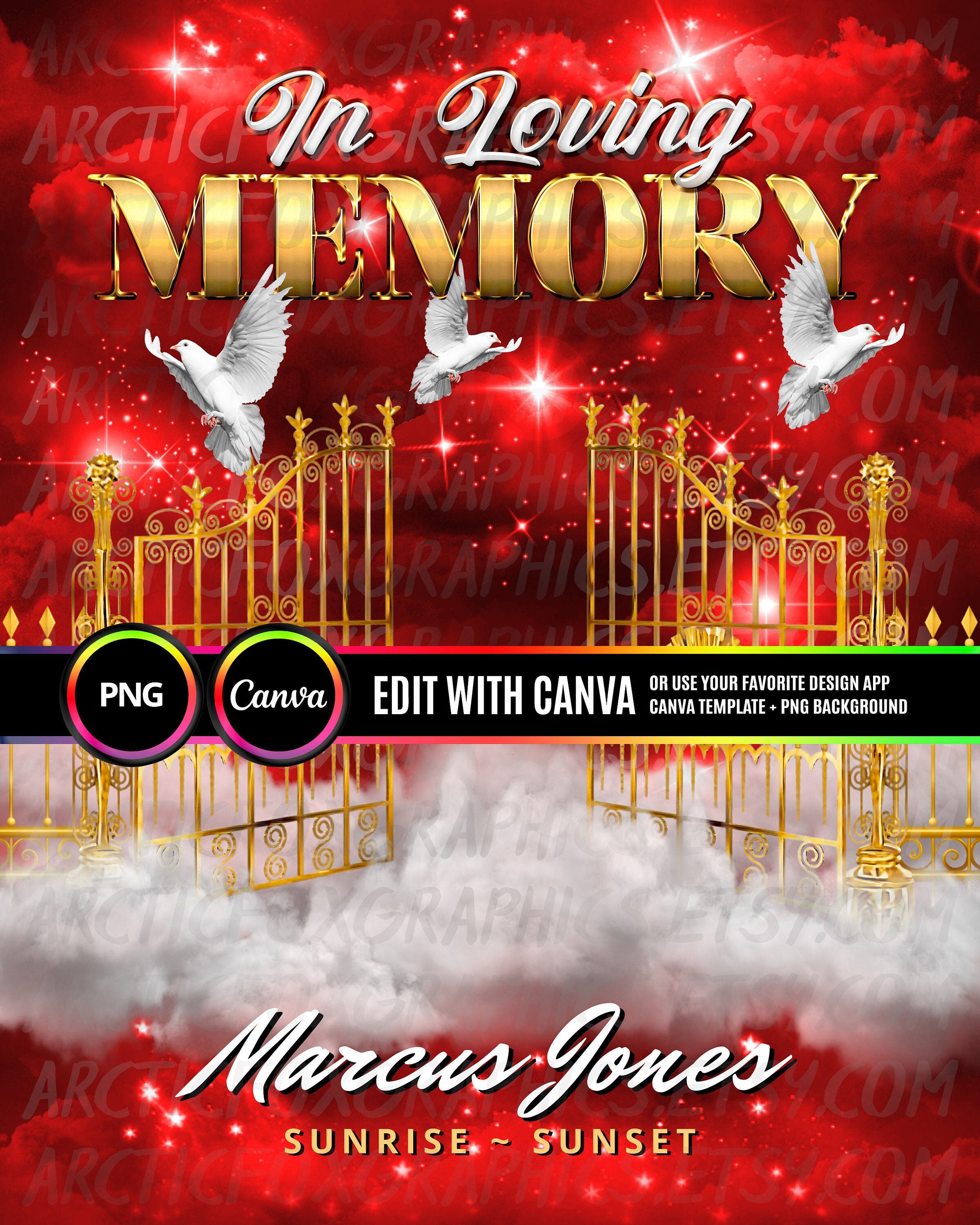 In Loving Memory PNG, Royal Red Gold Heaven's Gate Memorial Background for Funeral & Remembrance. Canva RIP Memorial T-shirt PNG
